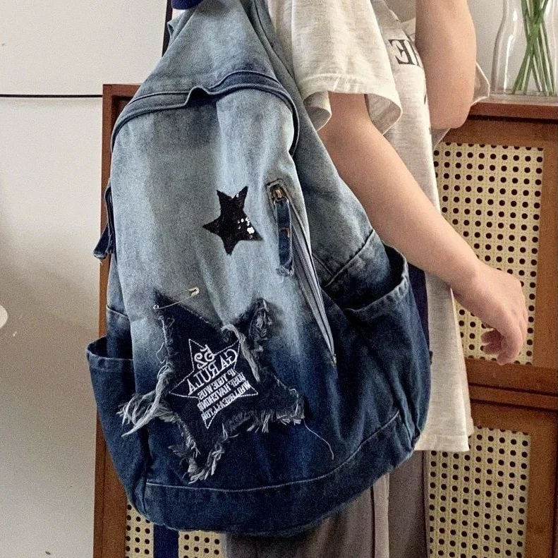 Mochila de mezclilla de gran capacidad para estudiantes, bolso escolar de gran capacidad, estilo Retro americano, mariposa y Estrella, mochila de