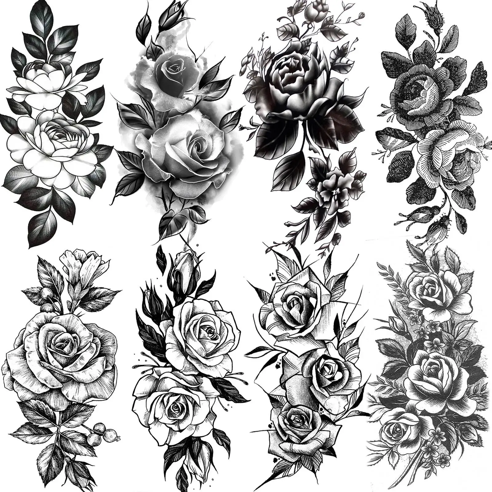 

1 лист, временные татуировки с черным цветком для женщин и взрослых, пион, роза, водонепроницаемая поддельная роза, татуировка, наклейка, переносный рукав