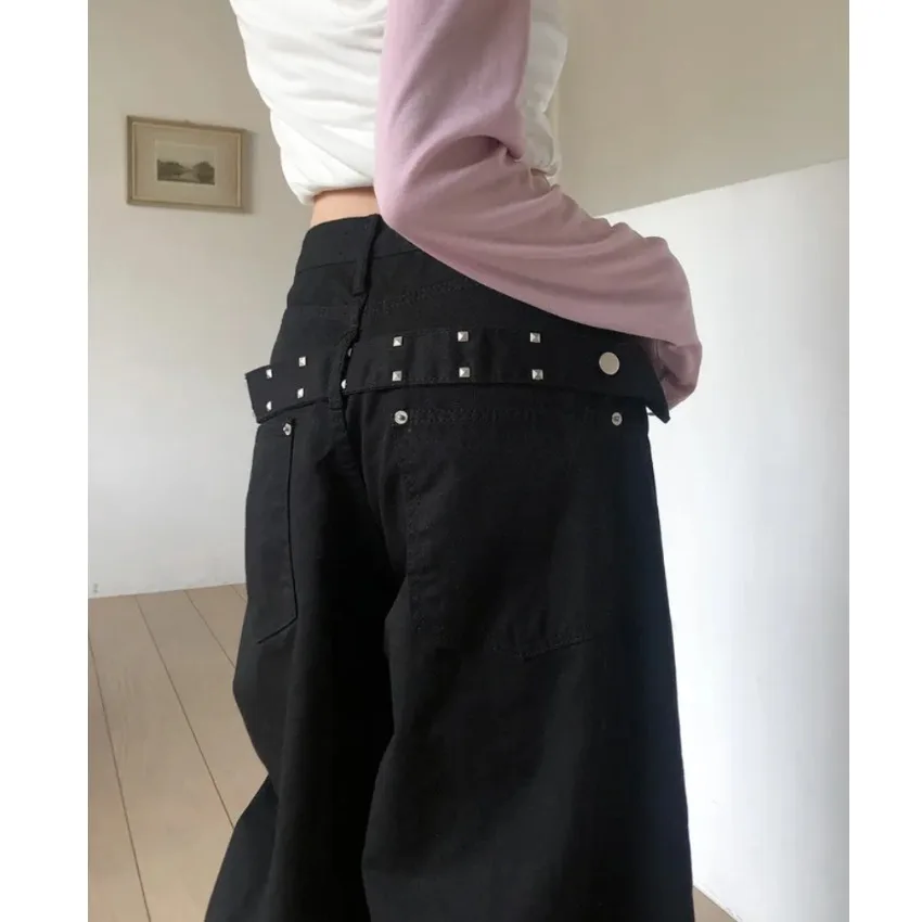 Retro Studs Rivet Wide Leg Loose Jeans High Waist Casual Style Asymmetric Long Pants Cotton 100% Non-Stretch Comfortable Fit