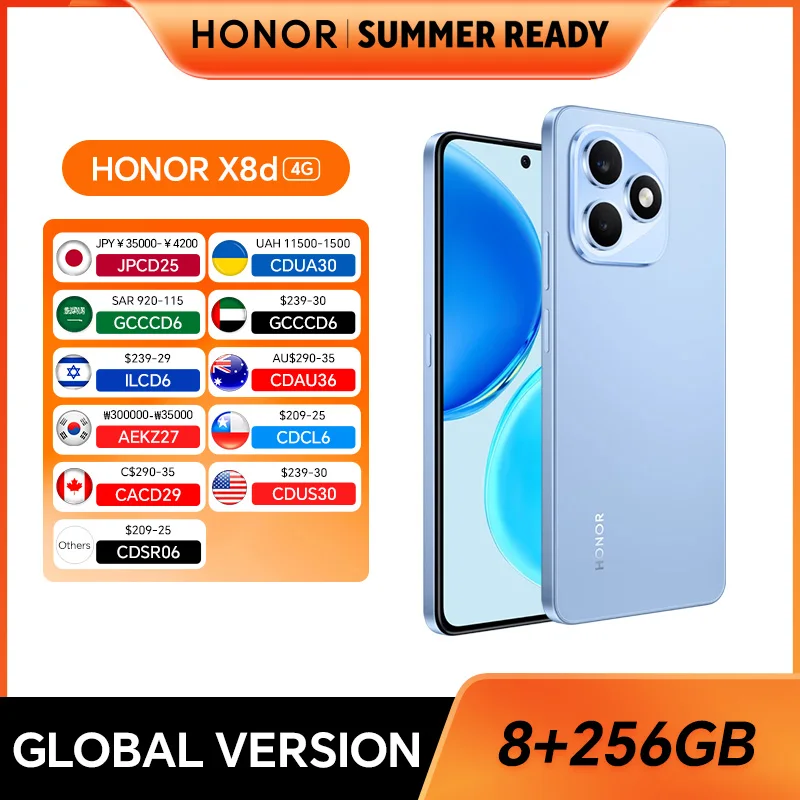 New HONOR X8d 8GB+256GB Global Version 4G Smartphone 108MP Main Camera 6800mAh 45W SuperCharge Dual SIM Android 16