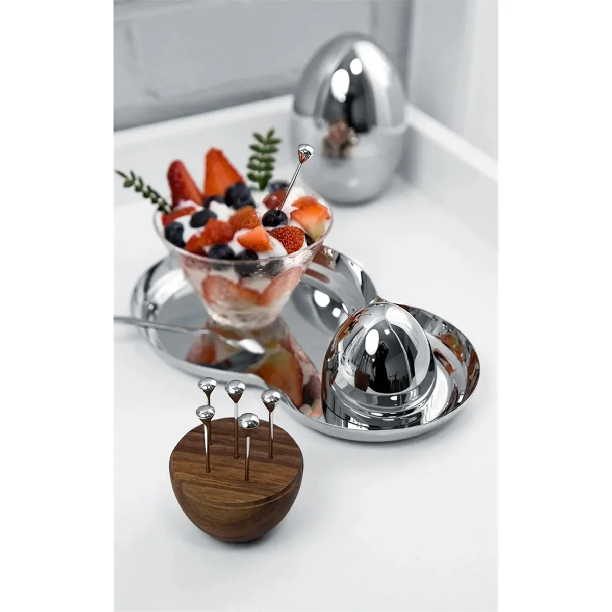 2025 + Porta stuzzicadenti di lusso in acciaio inossidabile Stuzzicadenti decorativo con base in noce per la decorazione della tavola Decorazioni per la casa Bar per feste