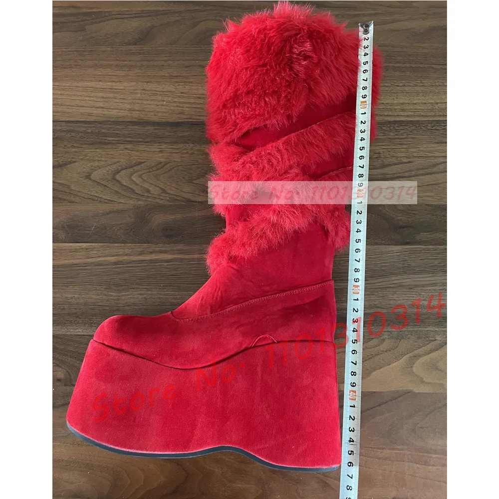 Hot Pink Thick-sole Furry Knee Boots Women Chic Round Toe Sweet Girly Lolita Shoes Winter Ladies Red Fur Party Big Size Boots - view 5