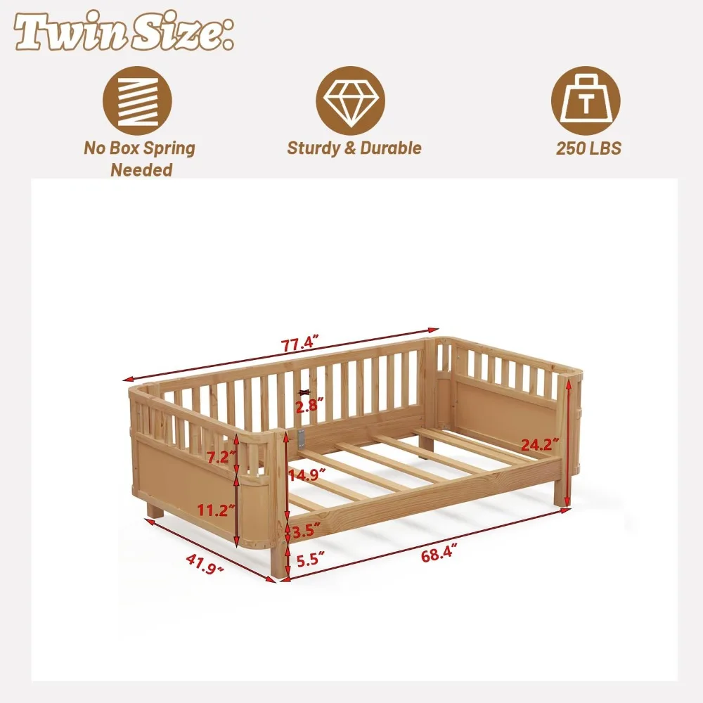 Estrutura de cama infantil de tamanho duplo, cama de solteiro montessori de baixo perfil com trilhos, sofá de madeira para meninas e meninos, sem necessidade de caixa de mola,