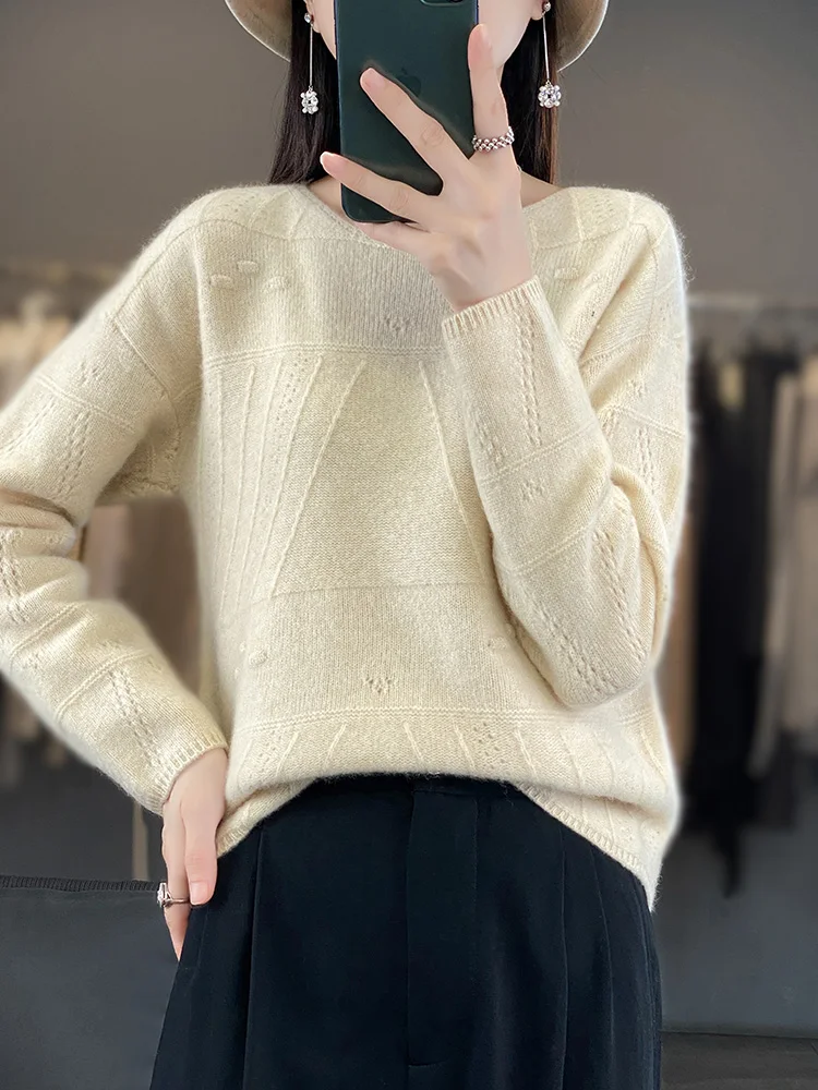 New Chic Women Sweater Autumn Winter Office Lady O-neck Pullover 100% Merino Wool Long Sleeve Cashmere Knitwear Female Clothing