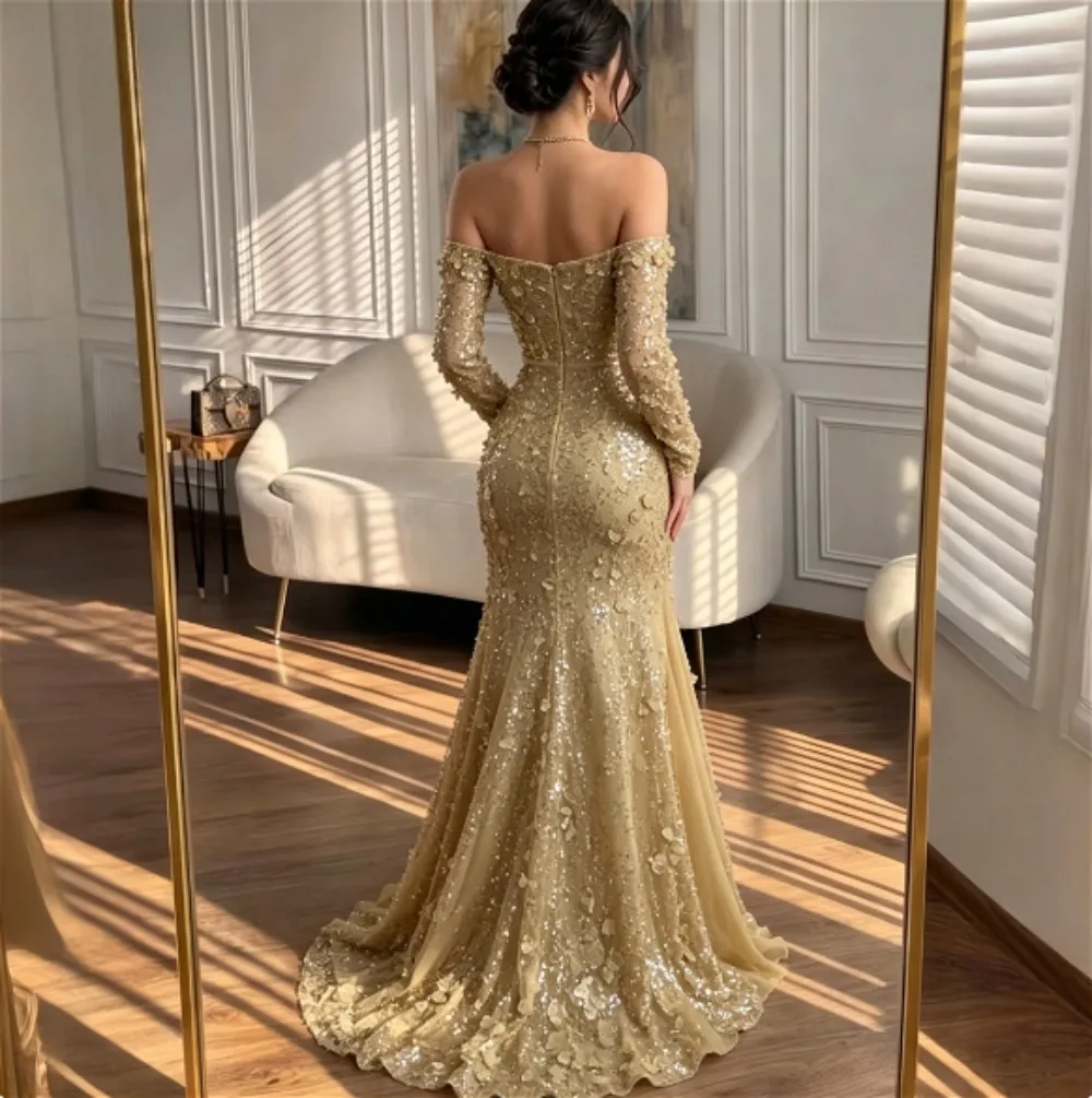 Customized Sequined Evening Dress Women Sexy American Style Gold Mermaid Formal Events Party Collection Latest Luxury New