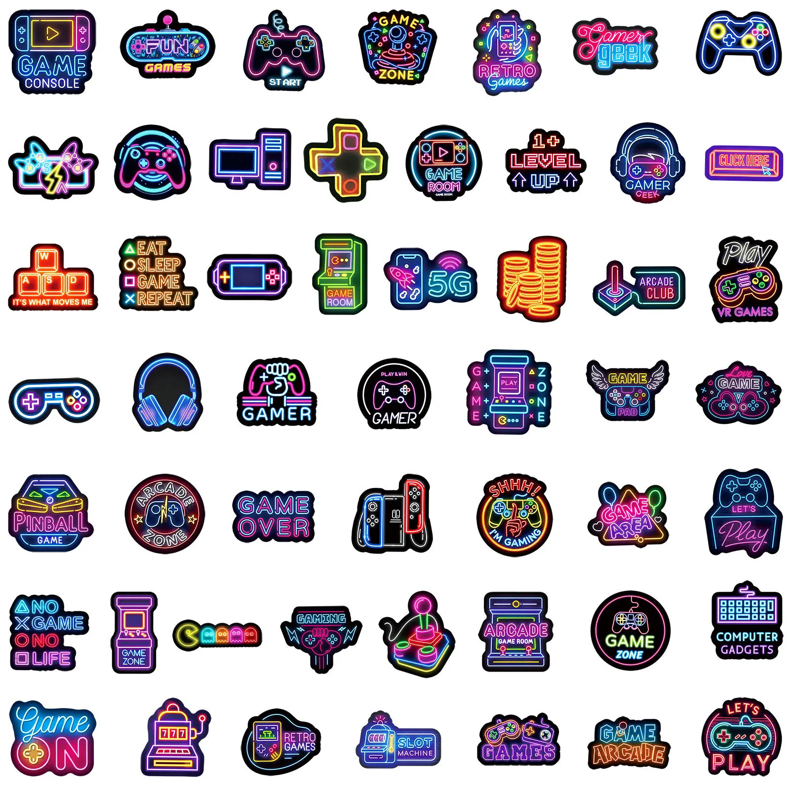 50Pcs Neon Game Controller Graffiti Stickers - Waterproof Decor for Game Console Decals Luggage, Car, Notebook, Skateboard