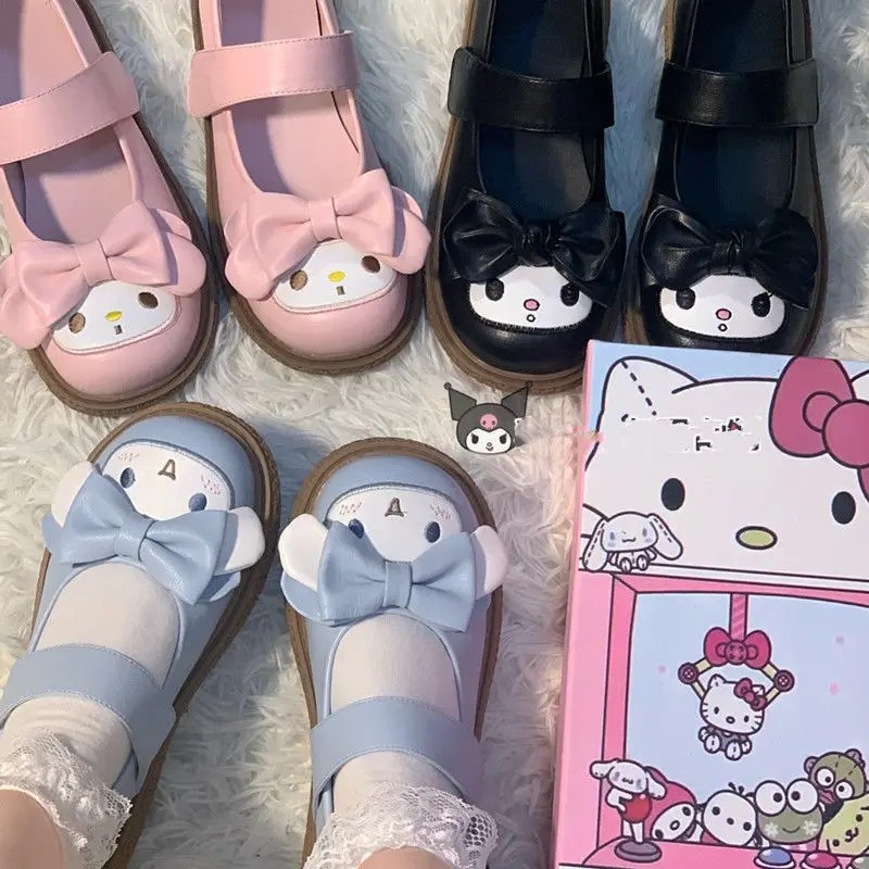 Kawaii Anime Kuromi My Melody Cinnamoroll Cute Cartoon JK Uniform Shoes Lolita Round Toe Small Leather Shoes Girl Heart Gift