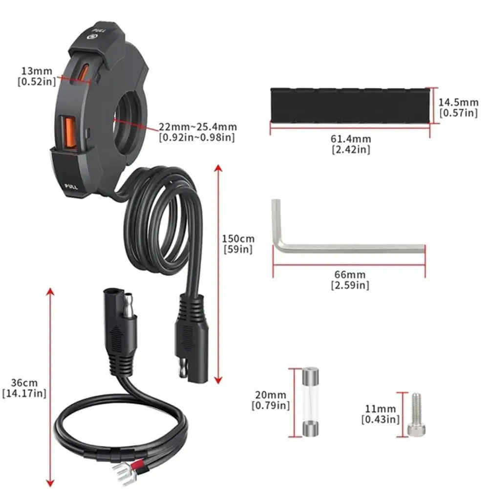 العالمي QC3.0 دراجة نارية شاحن يو اس بي USB-C محول الطاقة مقاوم للماء المقود تصاعد 2.2-2.5 سنتيمتر حامل شاحن الهاتف