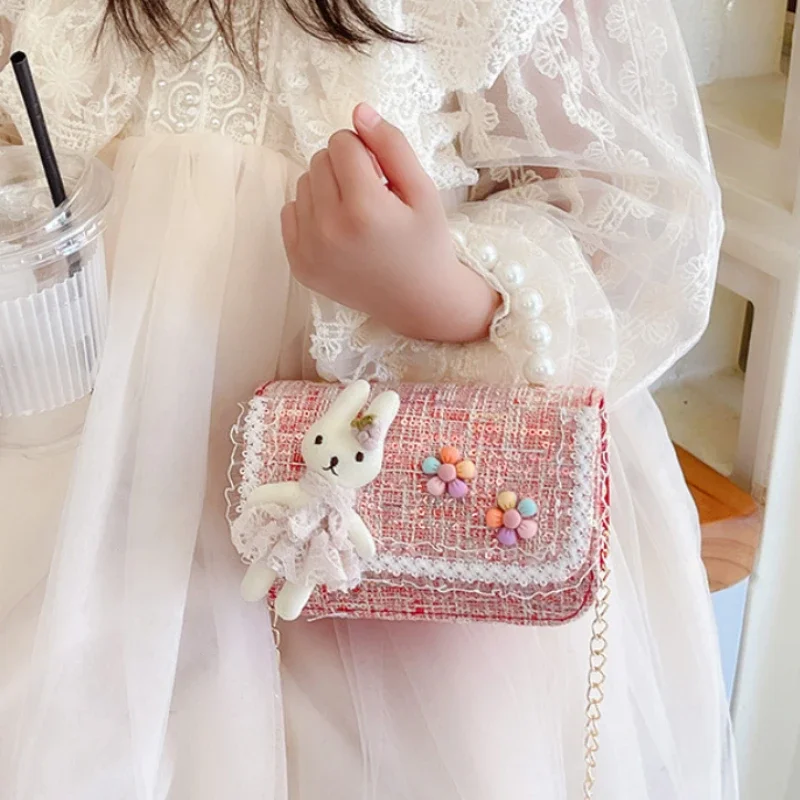 Tas selempang kecil anak-anak payet manis tas bahu bunga anak perempuan pegangan mutiara cantik tas tangan dompet putri kelinci kartun