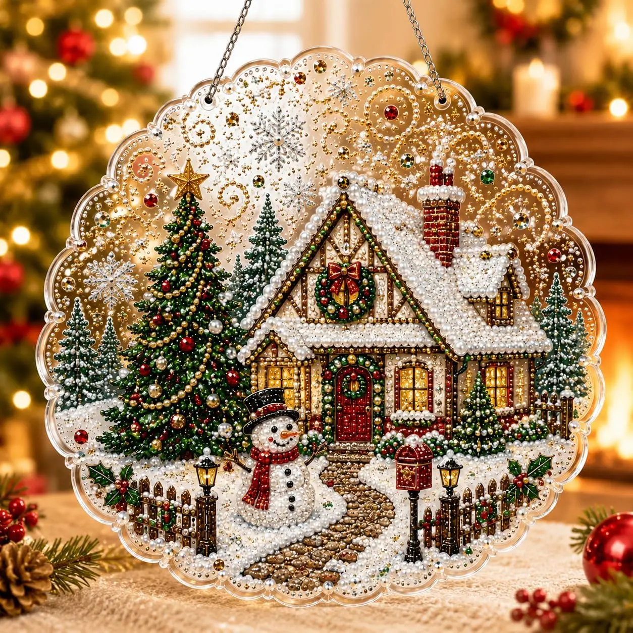2D Flat Christmas Pearl Diamond Art Dreamcatcher DIY Kit,12 Inch Nativity Scene Acrylic Craft with Holy Family Angel Chain