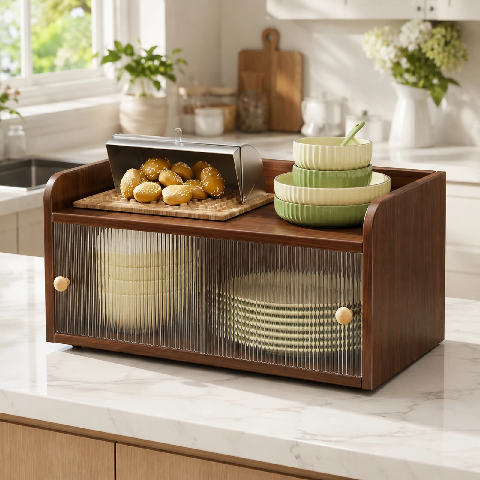 Dish Storage Organizer Walnut Wood-Look Finish Tabletop Kitchen Dishware Storage Cabinet Acrylic and MDF Tableware Cabinet