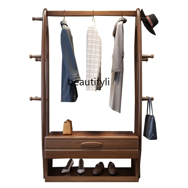 Solid Wood Multi-Functional Coat Rack Simple Bedroom Floor Clothes Rack Storage Rack with Drawer