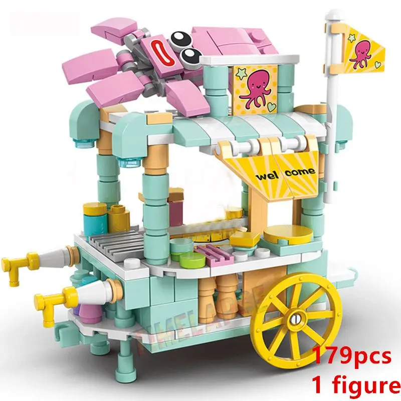 DIY Architectuur IJsjeswagen Winkel Straatzicht Voedsel Bouwstenen Kit Meisjes Stenen Klassieke Filmmodel Speelgoed