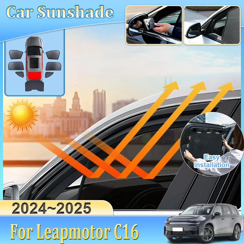 Car Mesh Sunshade For Leapmotor C16 5-door SUV 2024 2025 Blackout Mesh Heat Insulation Windshield Frame Curtain Auto Accessories