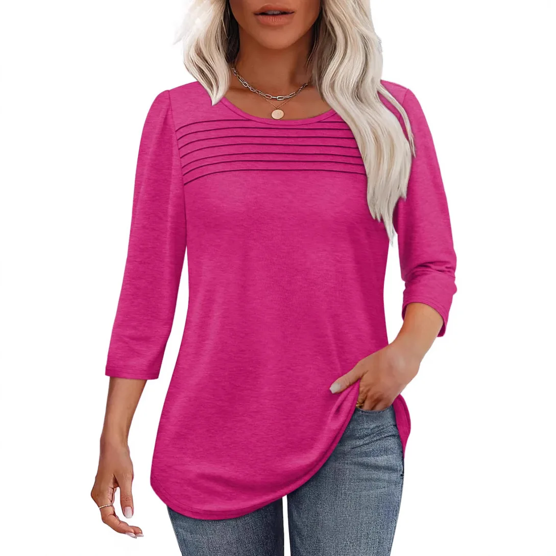 

Autumn and winter new women's solid color long-sleeved top casual loose version round neck fashion chest pleated top y2k