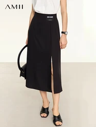 Amii Minimalism Women Straight Skirts High Open Fork Simple High Waist 2024 Autumn New Commuter Mid-length Solid Skirt 12352055