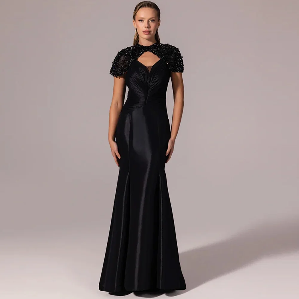 

Mermaid Crew Neck Evening Dress High Quality Short Sleeves Beading Celebrity Gowns Customized Crystal Exquisite Party Dress