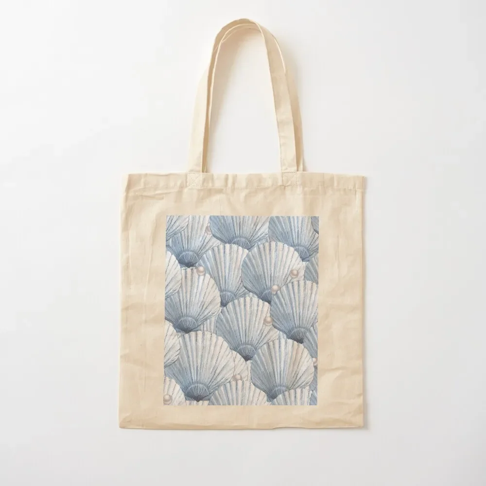 Seashells Pearl Treasure - Country Blue + Pearl Gray Tote Bag cloth bag woman canvas shopping bag Gift large size bags