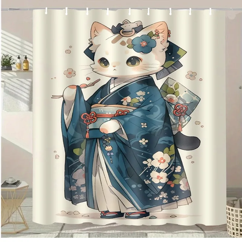 

Кимоно с котом, моющаяся грязеотталкивающая занавеска для душа, насадка для душа, водонепроницаемая полиэстеровая занавеска для ванны для домашнего декора, аксессуары