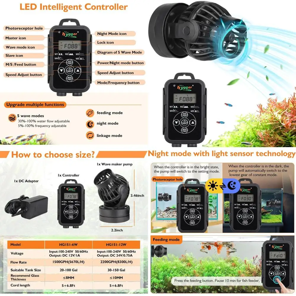

Intelligent Wave Controller for Aquariums, Adjustable 5 Waves, 2200 GPH, Suitable for Freshwater and Saltwater Coral Reef Tanks