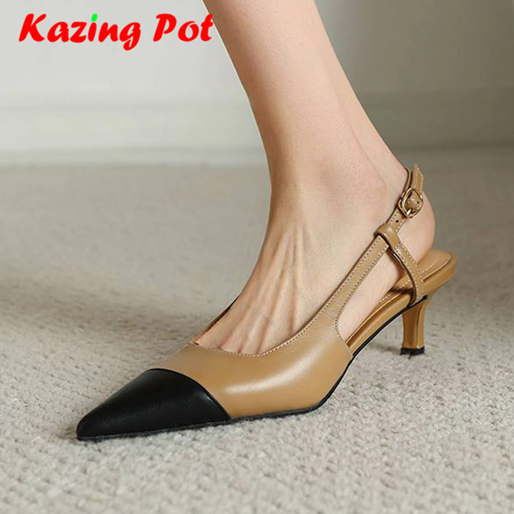 Krazing Pot Cow Leather Pointed Toe Women Summer Stiletto Med Heel Slip On Gorgeous Brand Shallow Slingback Princess Style Pumps