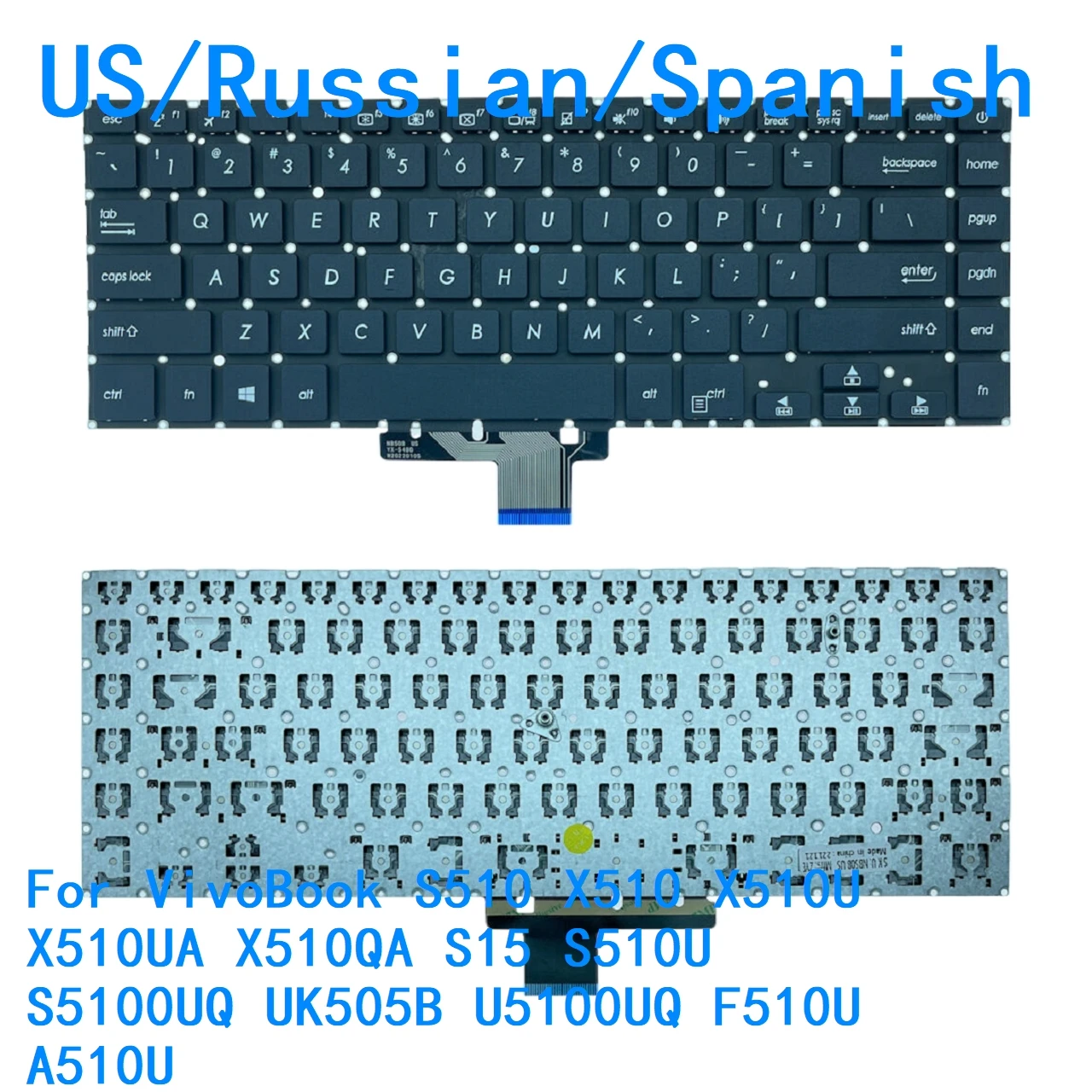 US Russian Spanish Podświetlana klawiatura do ASUS VivoBook S510 X510 X510U X510UA X510QA S15 S510U S5100UQ UK505B U5100UQ F510U A510U