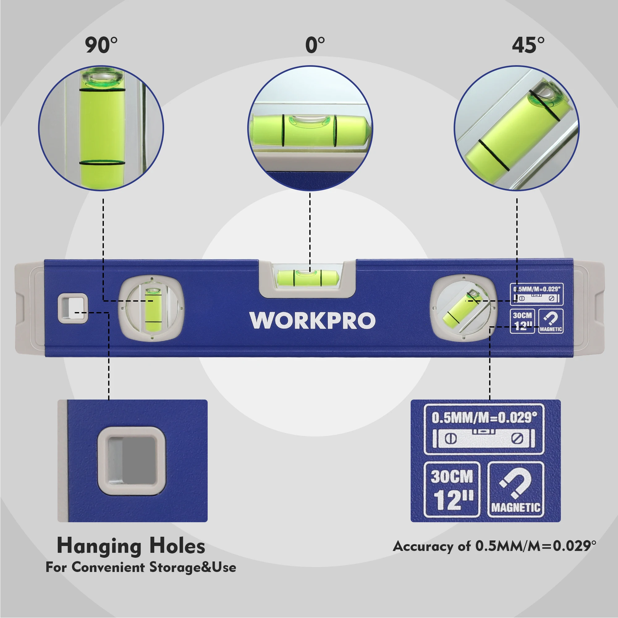 WORKPRO 3피스 수준기 세트(12", 20", 40"), 자기 어뢰 수준기가 포함된 수준기 세트, 45 ° /90 ° /180 ° 거품 측정