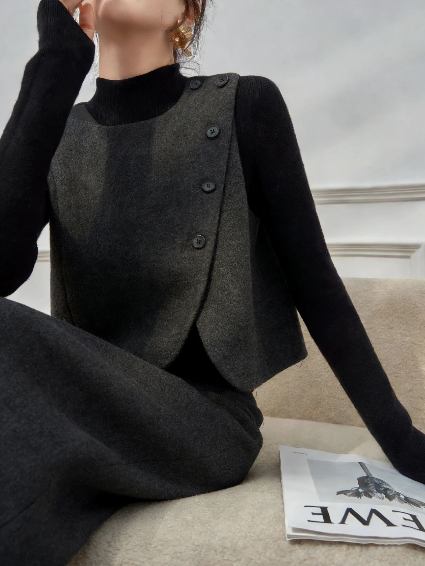 

Комплект из шерстяного жилета и юбки для женщин: уникальный, красивый, повседневный, с высокой талией, однотонный, для зимы