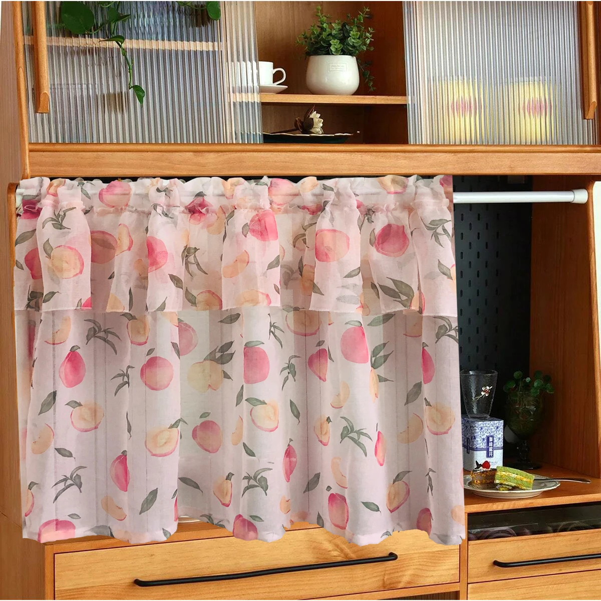 1Panel Pink Peach Theme Two-layer Ruffle Kitchen Short Curtain Valance Sheer Voile for Cafe Window Tier for Bath Small Windows