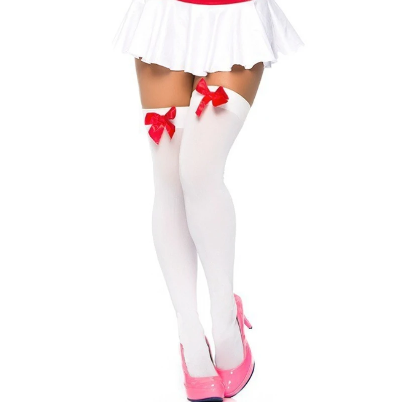 Sexy White Red Bow Velvet Over‑Knee Long Stockings Women Japanese Sweet Style Thigh‑High Socks Stretch Hosiery JK Casual Cosplay