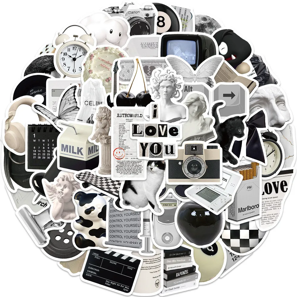 61Pcs Black White Minimalist Doodle Stickers - Decor for Luggage/Guitar/Notebook - Waterproof Golden Memory Stickers Store