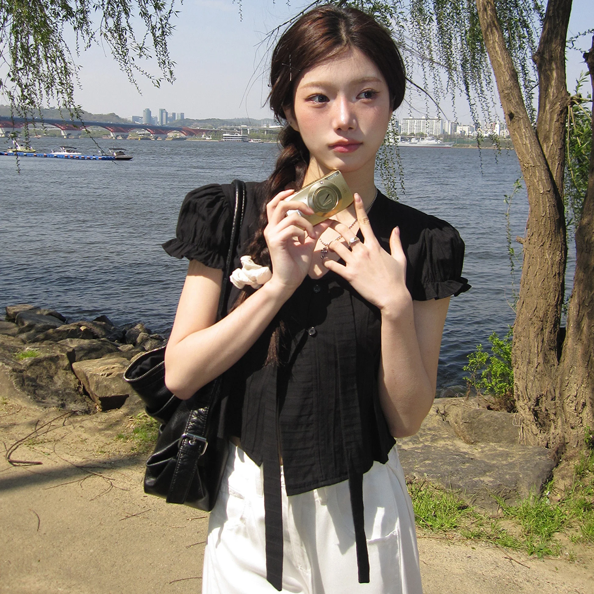 Coreano Sle Chic Simple elegancia irt mujer Faion Bubble Sve suave Sle tamaño pequeño corbata ort Top v-ne ort Sve