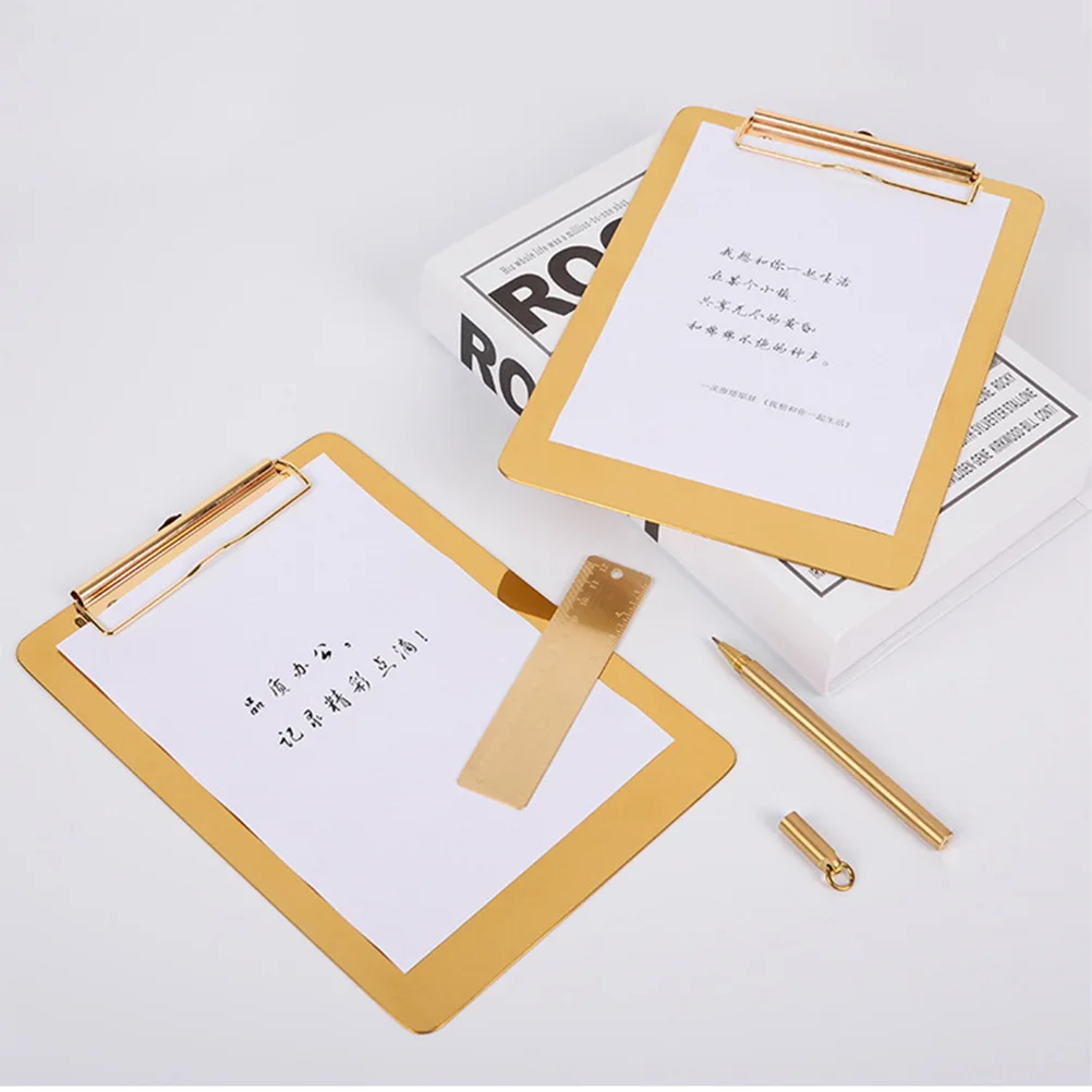 Stainless Steel A4 Clipboard File Organizer Writing Pad Board Memo Paper Holder for Office School Home Golden Size