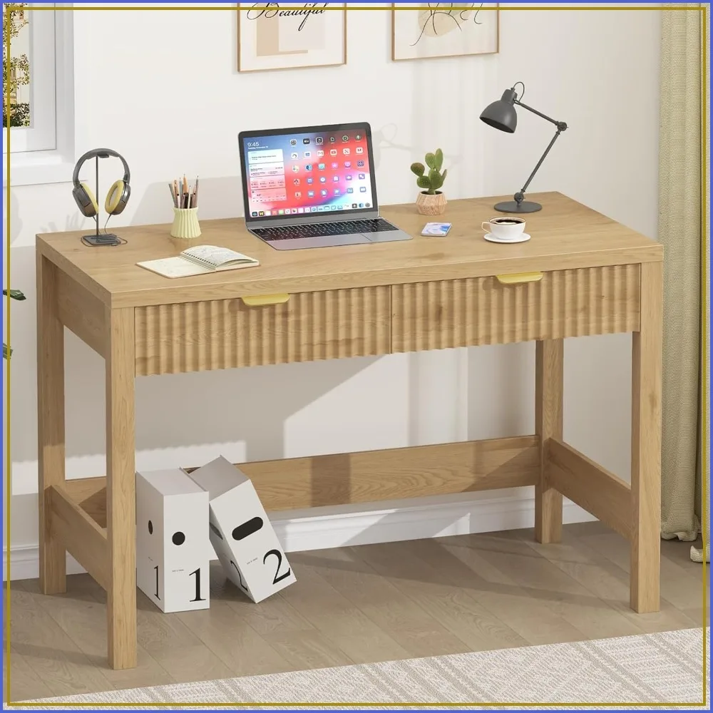 39 Inch Small Fluted Computer Desk with 2 Drawers for Bedroom Home Office
