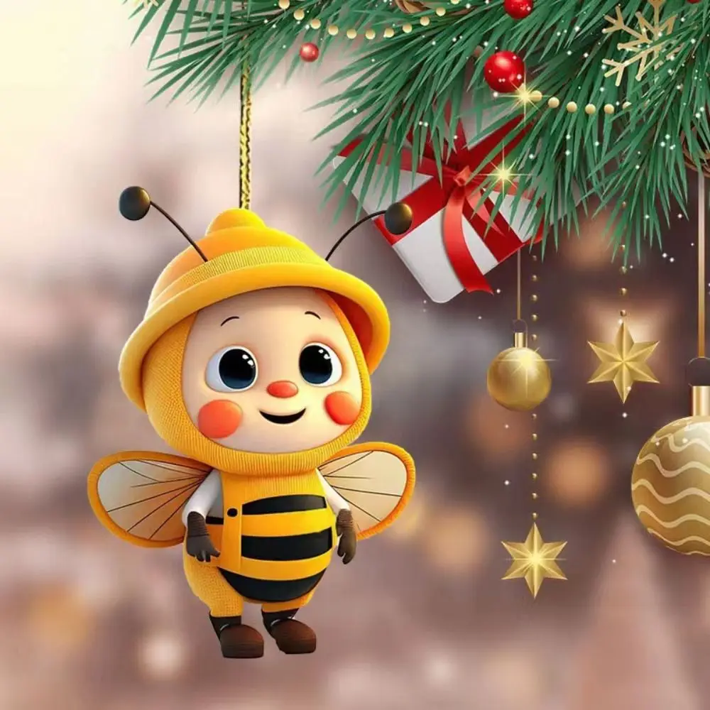2D Cute Bee Car Hanging Decoration Ornament Acrylic&Plexiglass Mini Desktop Ornaments with Golden Rope Exquisite
