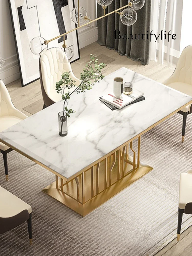 Dining table Household natural marble jazz white Nordic light luxury Italian minimalist stainless steel rectangular dining table