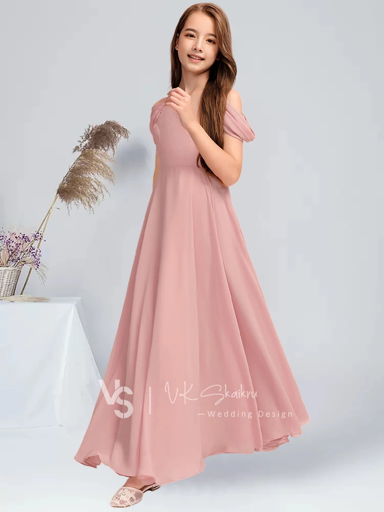 Robe de Demoiselle d'Honneur Trapèze en Mousseline de Soie, Longueur au Sol, avec Blush Plissé, pour ixde Mariage, pour Enfant