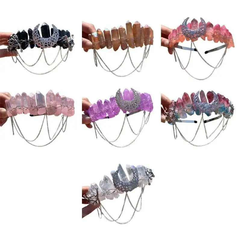 39BD Crystal for Head Loop Natural for Raw Stone Metal Chain Tassels Hair Acce