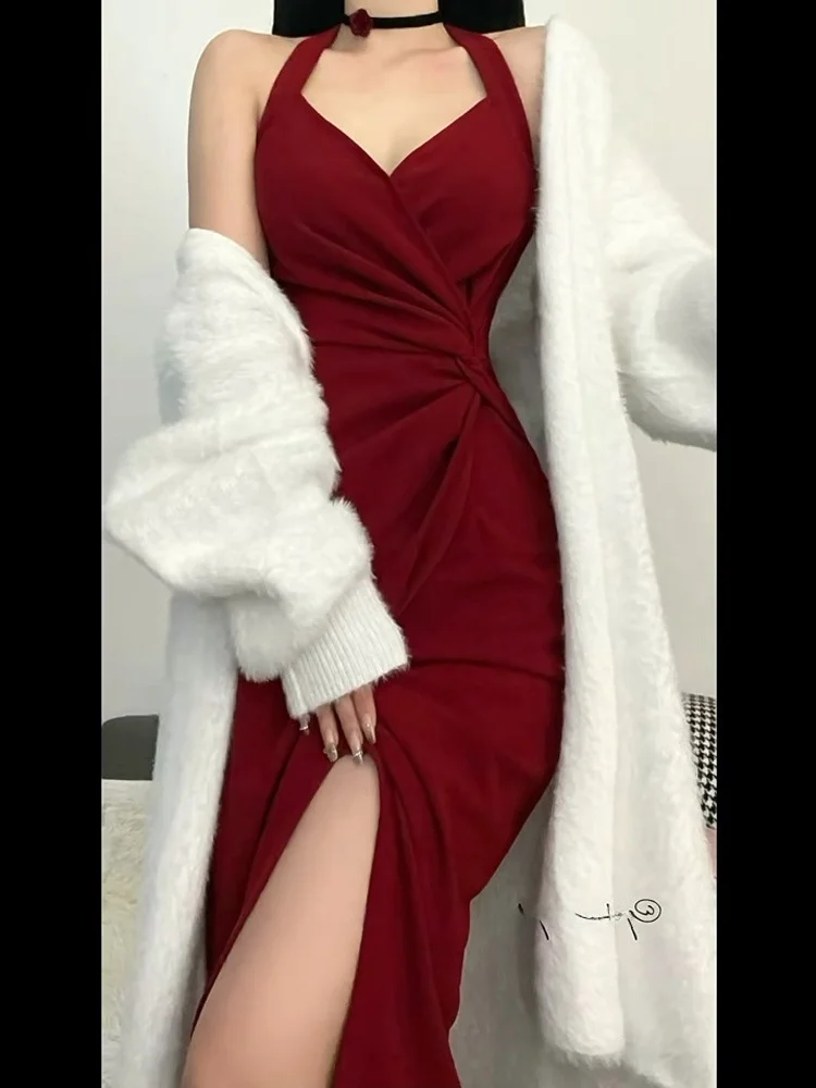 

Hebe Little Red Dr Engagement Par High-End Luxury Red Ne V-Ne Strapl Gown Korean Sle High Waist Long Skirt