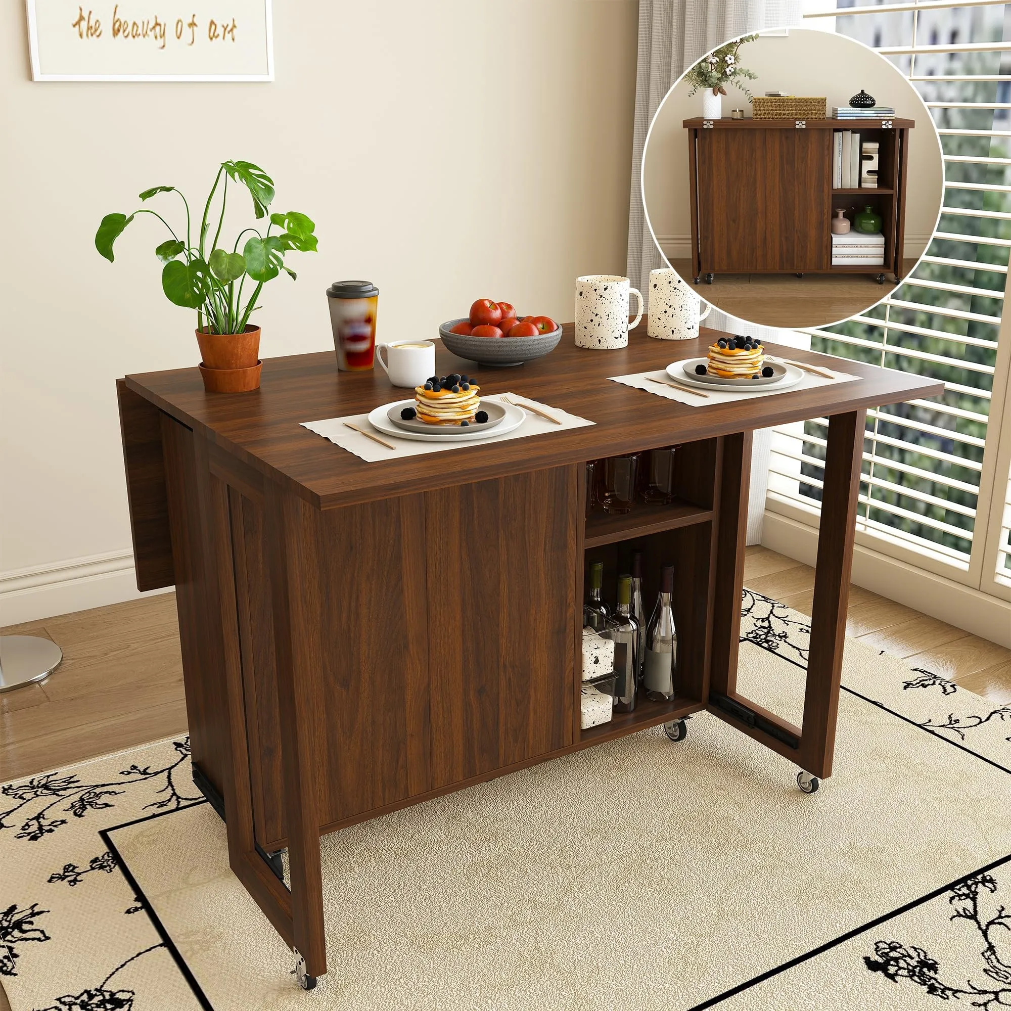 Three-in-one Side Table with 4 Large Storage Shelves, 41-inch Foldable Dining Table, Multi-Functional Side Table