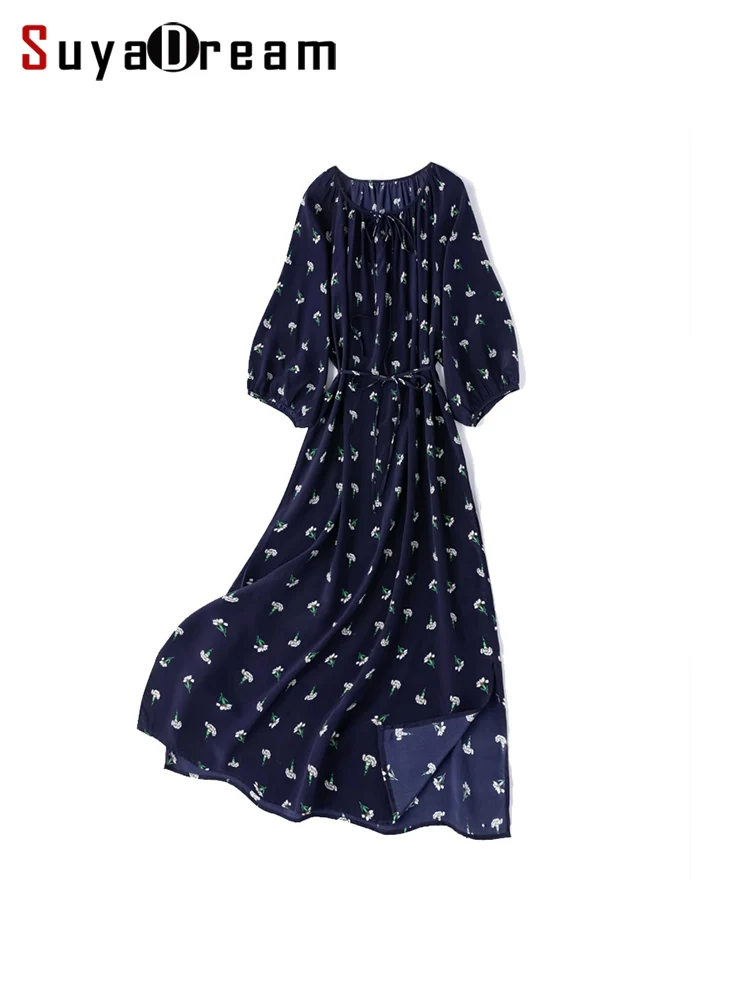 

SuyaDream,Women Floral Dresses, 100%Real Silk, Half Sleeves, Printed Long Dress, 2025 Spring Summer Elegant Clothes, Navy