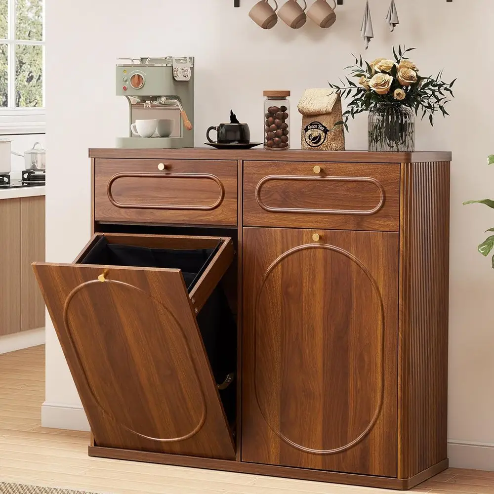 

Double Tilt Out Trash Can Cabinet, Wood Kitchen Garbage Bin with Drawer, Fluted 10 Gallon Laundry Hamper Cabinet, Farmhouse Hidd