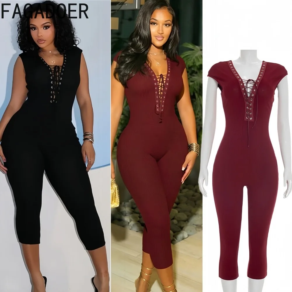 

FAGADOER Fashion Solid Color Bodycon Jumpsuits for Woman Bandage Patchwork Sleeveless Rompers Female Streetwear Overalls 2026