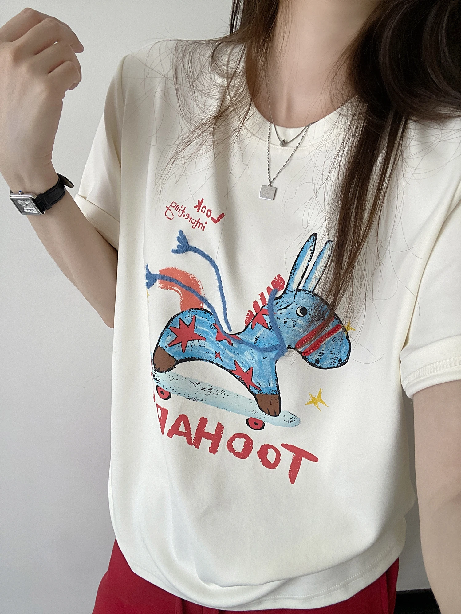 

SunYeo Little Travels Soft Cotton Printed T-Shirt Women's Loose Casual Short Sleeve White Top Summer Fashion Ladies