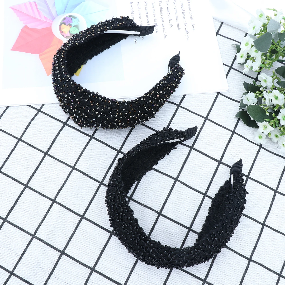 

2Pcs Beaded Hairband Wide Headband Women Girls Non Slip Lightweight Handmade Hair Tool Everyday Special Occasions