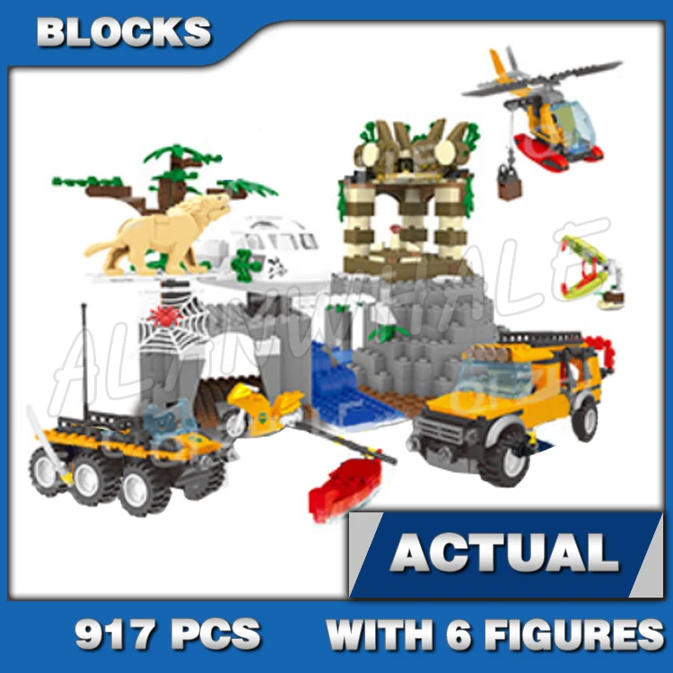 917pcs City Jungle Exploration Site Plane Temple Heavy Observation Truck Kayak 10712 Building Block Toys Compatible With Model