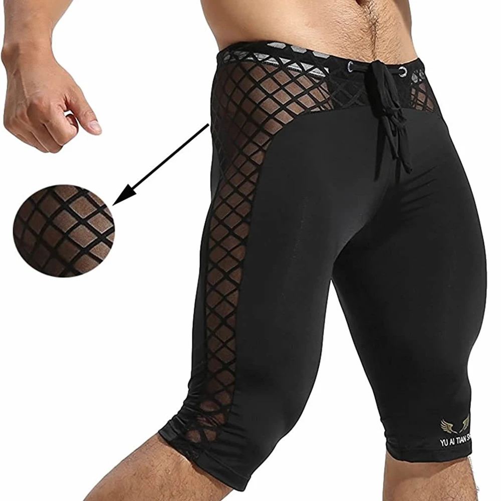 Fitness Men's Long Boxer Underwear Mesh Breathable Short Pants Boxer Shorts Long Leg Trunks Sexy Pouch Sports Fitness Leggings