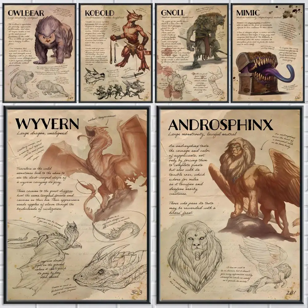 

Legendary Creature Notes Poster Decorative Stickers Wall Art for Home Hallway Living Room Bedroom Decoration Gift Retro Painting