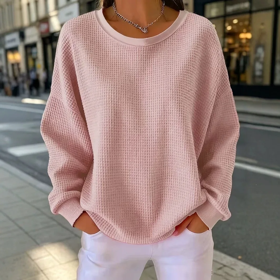 2026 Women's Long-sleeved Sweatshirt, Circular Neck, Waffle Knit, Pullover Style, Patchwork Design, Long-sleeved Top For Early