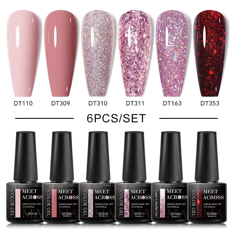 MEET ACROSS 6pcs/set Nude Pink Gel Nail Polish Set Glitter Semi Permanent UV Gel Kit Base Matte Top Coat Nail Art DIY Manicure